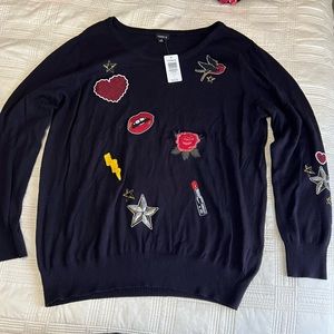 Torrid Black Crew Neck Sweater with Colorful Patches